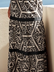 Black/White Textured 100% Cotton Maxi Skirt With Crochet Trim - Image 5 of 6