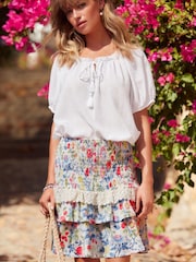 White Fruit Print Shirred Layered Mini Skirt - Image 1 of 6