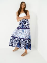Morris & Co Blue Print Textured 100% Cotton Maxi Skirt With Crochet Trim - Image 1 of 6