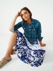 Morris & Co Blue Print Textured 100% Cotton Maxi Skirt With Crochet Trim - Image 2 of 6