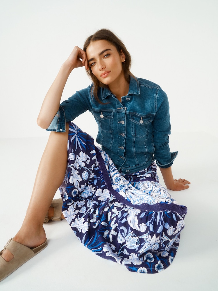 Morris & Co Blue Print Textured 100% Cotton Maxi Skirt With Crochet Trim - Image 2 of 6 Morris & Co Blue Print Textured 100% Cotton Maxi Skirt With Crochet Trim - Image 2 of 6