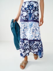 Morris & Co Blue Print Textured 100% Cotton Maxi Skirt With Crochet Trim - Image 3 of 6