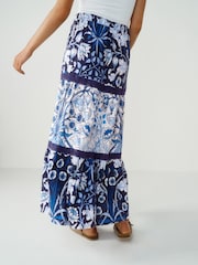 Morris & Co Blue Print Textured 100% Cotton Maxi Skirt With Crochet Trim - Image 4 of 6