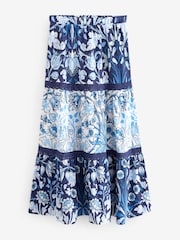Morris & Co Blue Print Textured 100% Cotton Maxi Skirt With Crochet Trim - Image 6 of 6