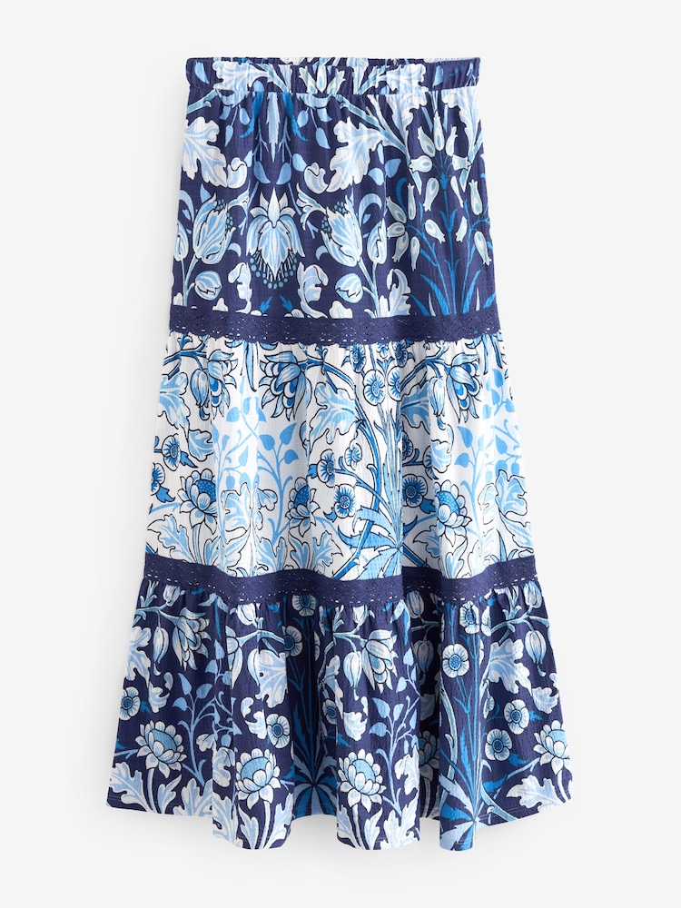 Morris & Co Blue Print Textured 100% Cotton Maxi Skirt With Crochet Trim - Image 6 of 6