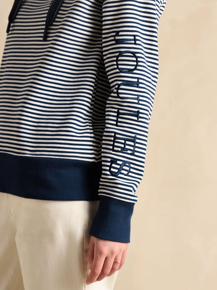 Joules Rushton Navy Blue Stripe Cotton Cowl Neck Hoodie - Image 3 of 6