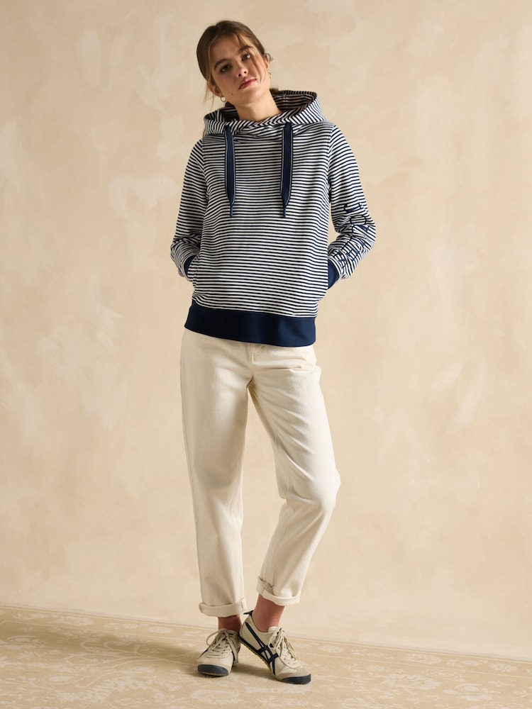 Joules Rushton Navy Blue Stripe Cotton Cowl Neck Hoodie - Image 4 of 6