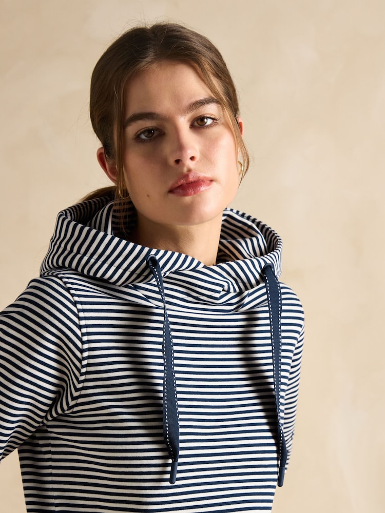 Joules Rushton Navy Blue Stripe Cotton Cowl Neck Hoodie - Image 5 of 6