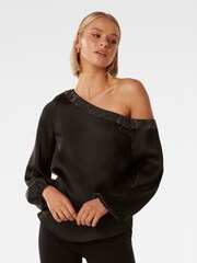 Forever New Black Anya Asymmetrical Embellished Top - Image 1 of 5