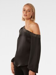 Forever New Black Anya Asymmetrical Embellished Top - Image 4 of 5