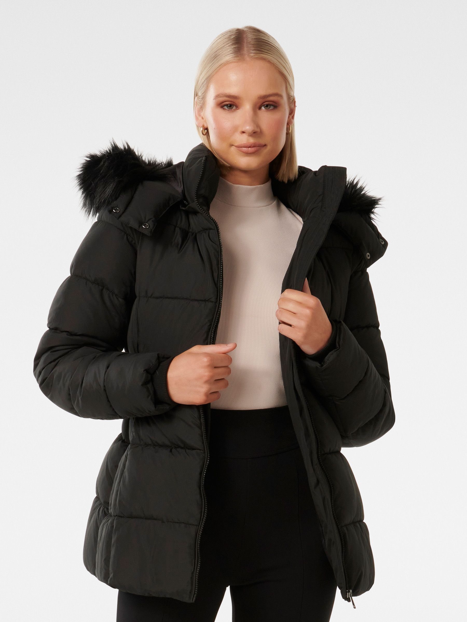 Buy Forever New Black Dannie Mid Length Puffer Coat from Next Luxembourg