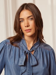 Love & Roses Blue Tencel Long Sleeve Tie Neck Shirred Cuff Blouse - Image 2 of 4