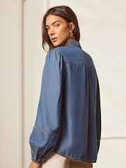 Love & Roses Blue Tencel Long Sleeve Tie Neck Shirred Cuff Blouse - Image 3 of 4