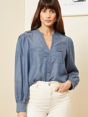 Love & Roses Blue Tencel V Neck Utility Button Through Shirt - Image 1 of 4
