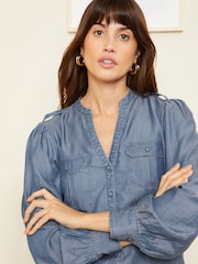 Love & Roses Blue Tencel V Neck Utility Button Through Shirt - Image 2 of 4