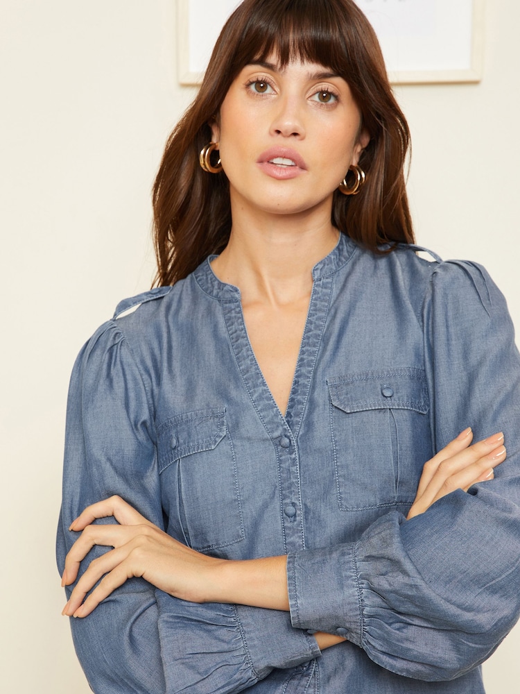 Love & Roses Blue Tencel V Neck Utility Button Through Shirt - Image 2 of 4