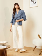 Love & Roses Blue Tencel V Neck Utility Button Through Shirt - Image 4 of 4