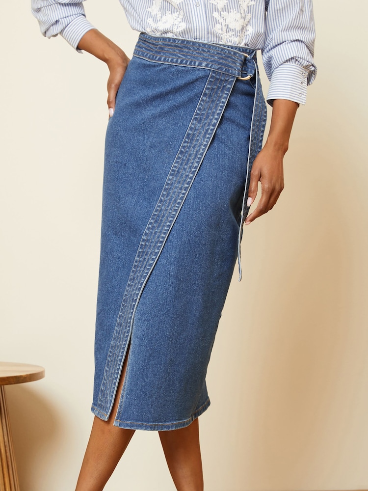 Love & Roses Midwash Blue Wrap Denim Midi Skirt - Image 1 of 4