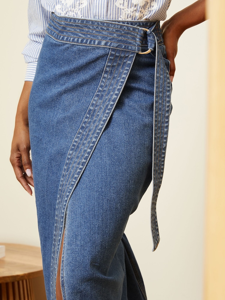 Love & Roses Midwash Blue Wrap Denim Midi Skirt - Image 2 of 4