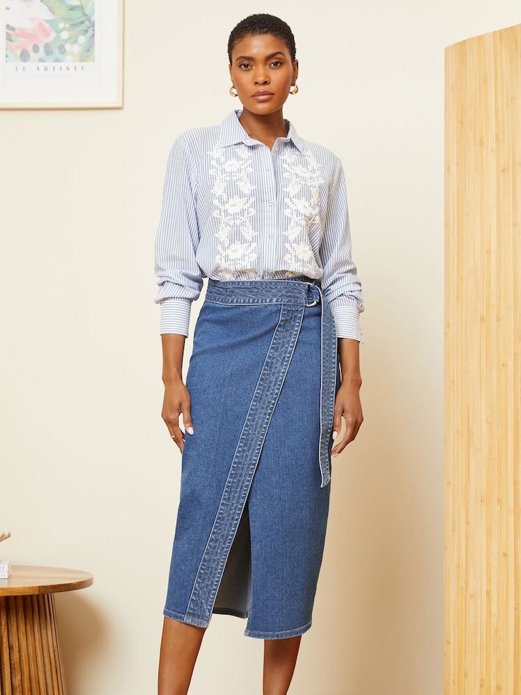 Love & Roses Midwash Blue Wrap Denim Midi Skirt - Image 3 of 4