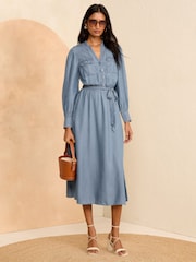 Love & Roses Blue TENCEL™ Utility Belted Midi Dress - Image 1 of 4