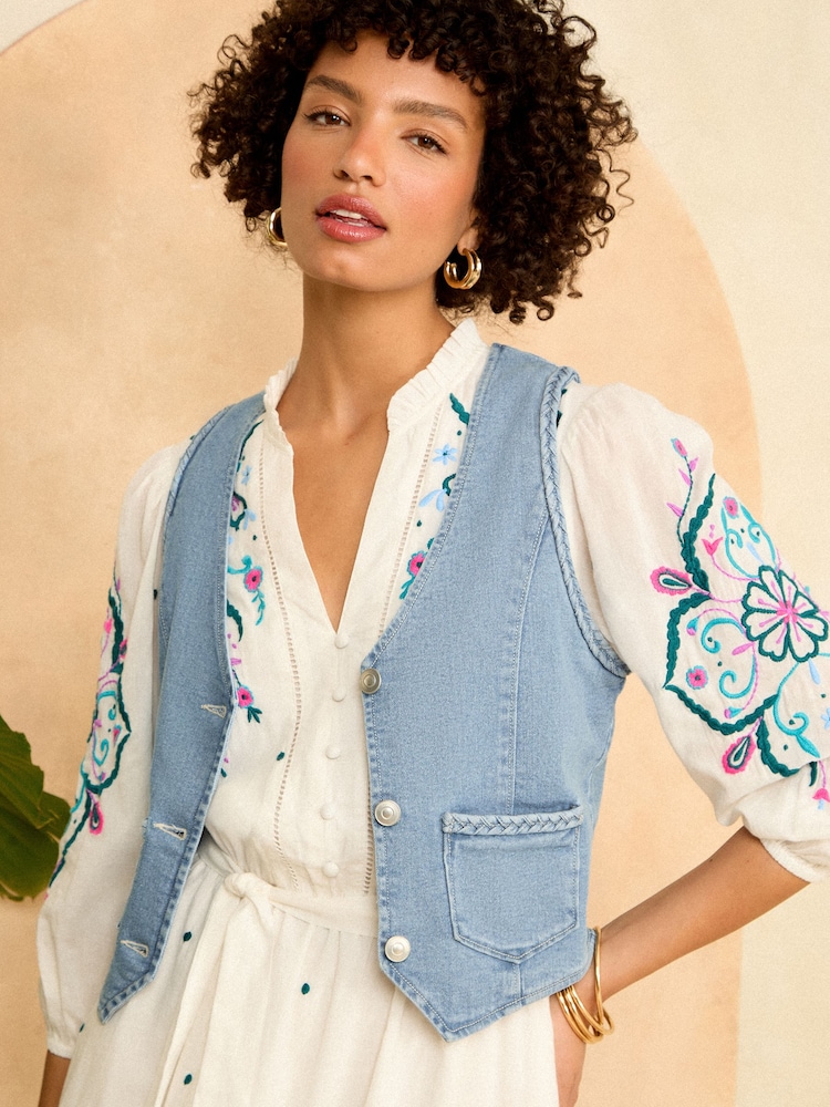 Love & Roses Blue Plait Denim Waistcoat - Image 1 of 4
