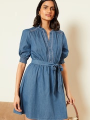 Love & Roses Navy Blue Chambray Trim Puff Sleeve Dress - Image 1 of 4