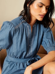 Love & Roses Navy Blue Chambray Trim Puff Sleeve Dress - Image 2 of 4