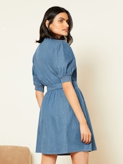 Love & Roses Navy Blue Chambray Trim Puff Sleeve Dress - Image 3 of 4