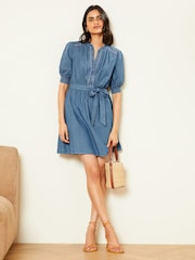 Love & Roses Navy Blue Chambray Trim Puff Sleeve Dress - Image 4 of 4