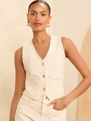 Love & Roses Ecru Cream Plait Denim Waistcoat - Image 1 of 4