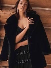 Forever New Black Iggy Longline Faux Fur Coat - Image 1 of 6