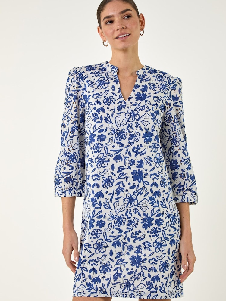 Roman Blue Floral Print V-Neck Shirt Dress - Image 2 of 4
