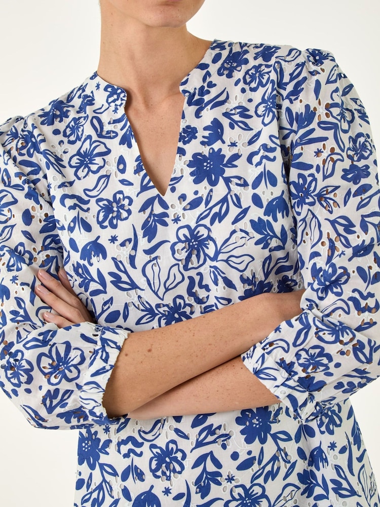 Roman Blue Floral Print V-Neck Shirt Dress - Image 4 of 4