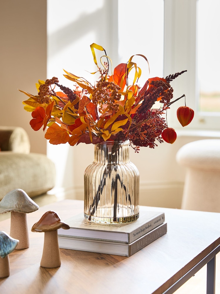 Orange Artificial Autumnal Arrangement in Glass Vase - Image 1 of 5