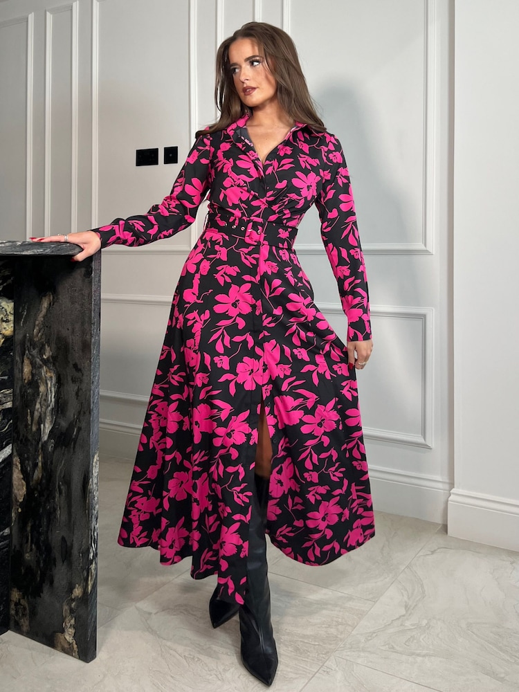 Girl In Mind Black Kira Wrap Detail Floral Maxi Shirt Dress - Image 1 of 4