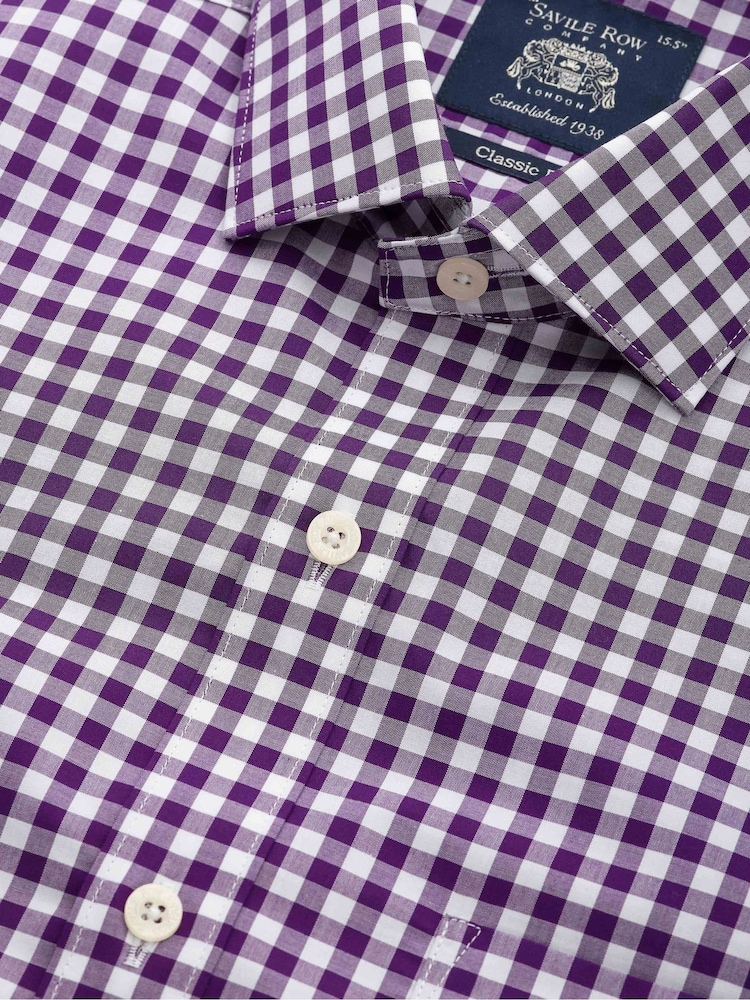 Savile Row Company Purple Classic Fit Cotton Poplin Gingham Check Single Cuff Formal Shirt - Image 5 of 5 Savile Row Company Purple Classic Fit Cotton Poplin Gingham Check Single Cuff Formal Shirt - Image 5 of 5
