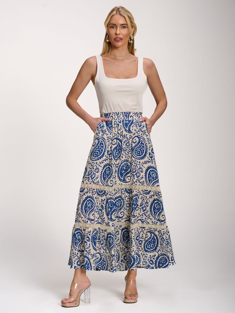 Jolie Moi Blue Lace Trim Tiered Maxi Skirt - Image 1 of 6