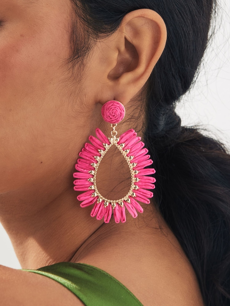 Pink Raffia Teardrop Statement Earrings Made With Recycled Metal - Image 2 of 3