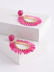 Pink Raffia Teardrop Statement Earrings Made With Recycled Metal - Image 3 of 3