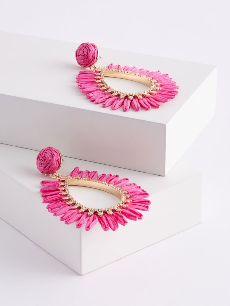 Pink Raffia Teardrop Statement Earrings Made With Recycled Metal - Image 3 of 3
