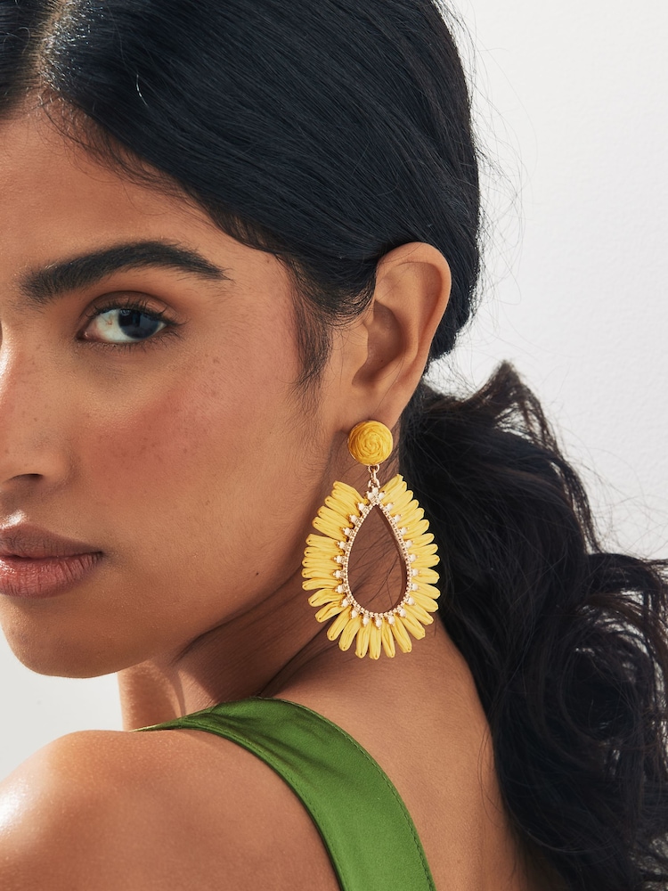 Yellow Raffia Teardrop Statement Earrings Made With Recycled Metal - Image 1 of 3
