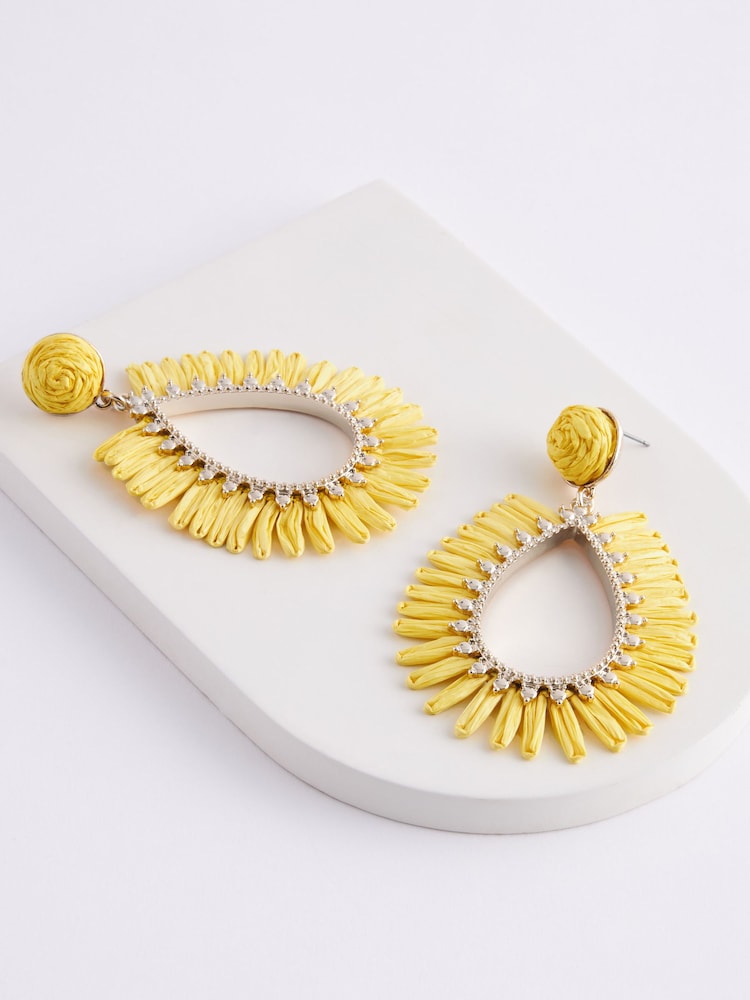 Yellow Raffia Teardrop Statement Earrings Made With Recycled Metal - Image 3 of 3