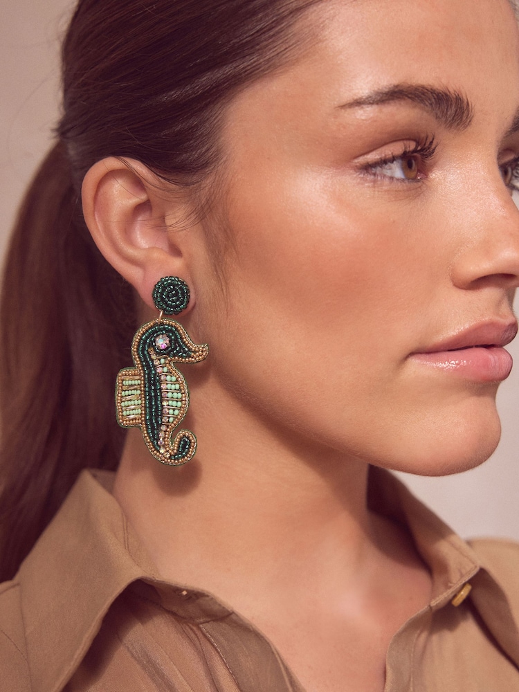Green Beaded Seahorse Earrings - Image 1 of 3