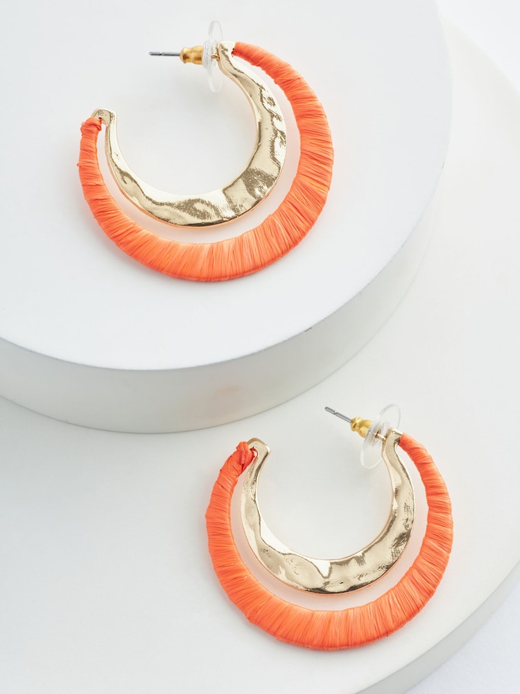 Orange Raffia Wrapped Hoops Earrings - Image 2 of 2