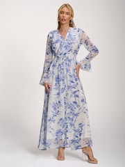 Jolie Moi Blue Long Sleeve Chiffon Ruffle Maxi Dress - Image 1 of 6