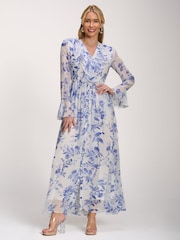 Jolie Moi Blue Long Sleeve Chiffon Ruffle Maxi Dress - Image 5 of 6