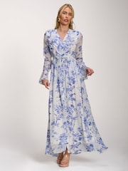 Jolie Moi Blue Long Sleeve Chiffon Ruffle Maxi Dress - Image 6 of 6