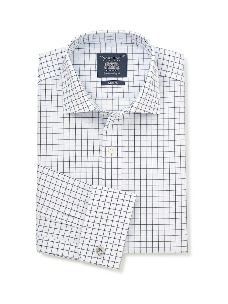 Savile Row Company Blue Slim Fit Cotton Twill Window Check Double Cuff Formal Shirt - Image 1 of 3