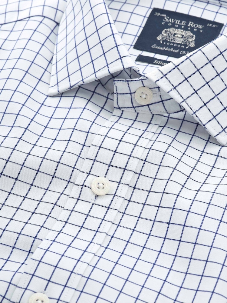Savile Row Company Blue Slim Fit Cotton Twill Window Check Double Cuff Formal Shirt - Image 2 of 3